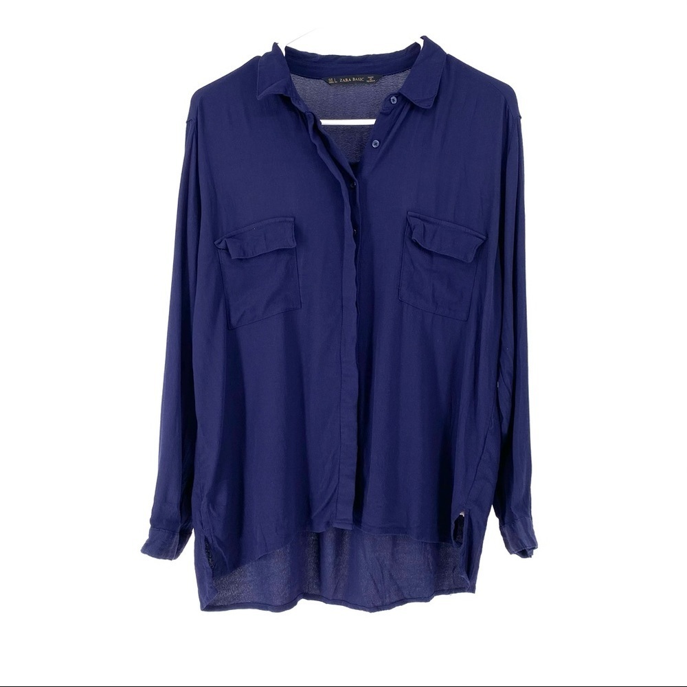 Zara Basic Women's Hi Low Pocket Shirt Navy - L